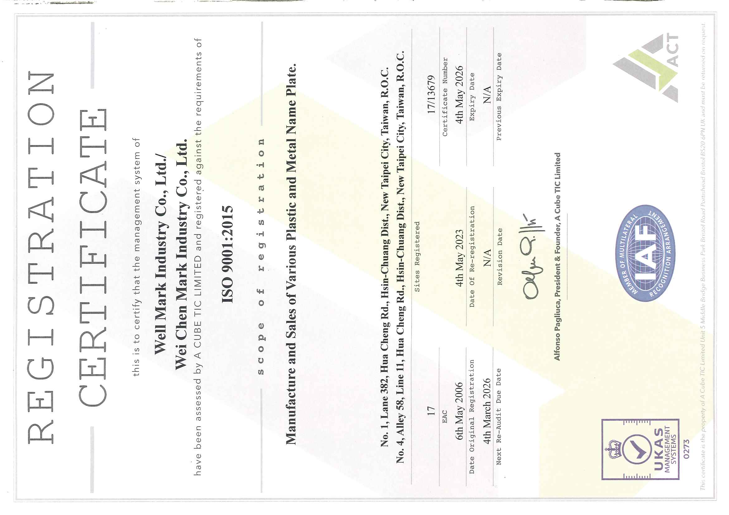 REGISTRATION CERTIFICATION ISO9001